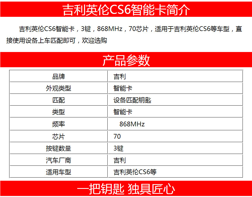 吉利英伦CS6智能卡-3键-868MHz-70芯片